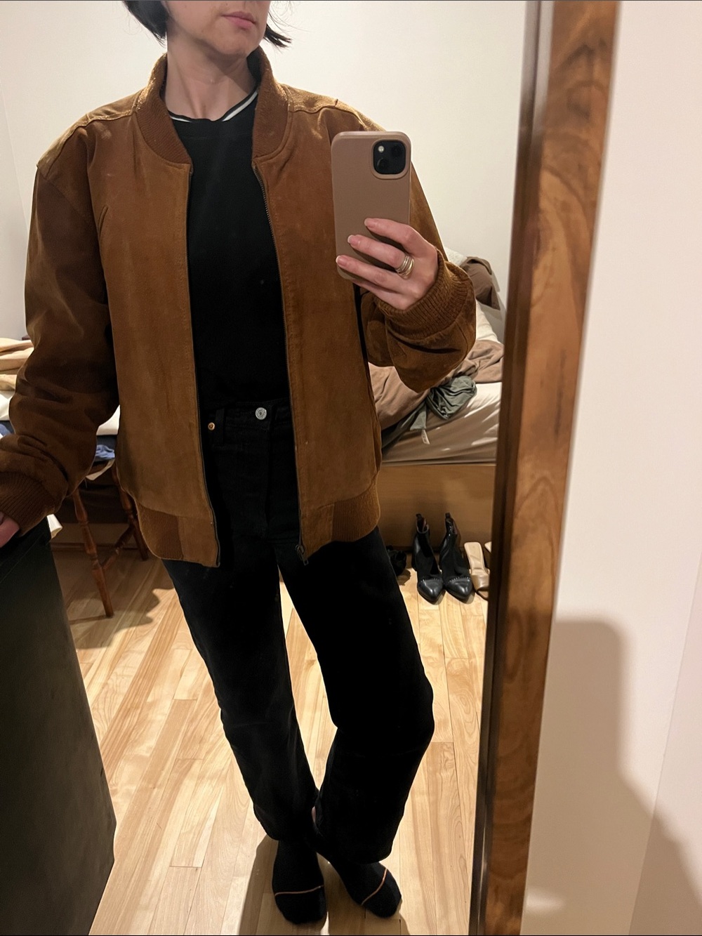 Women's Suede Bomber Jacket in Caramel Brown
